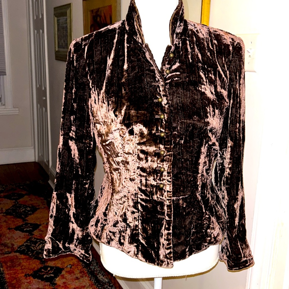 RARE RANDY KEMPER sz 6 Brown Elizabethan crushed velvet jacket w/brass buttons